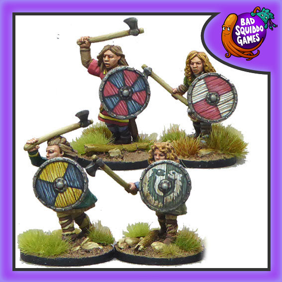 Shieldmaiden Warriors with Axes, 28 mm Scale Model Metal Figures
