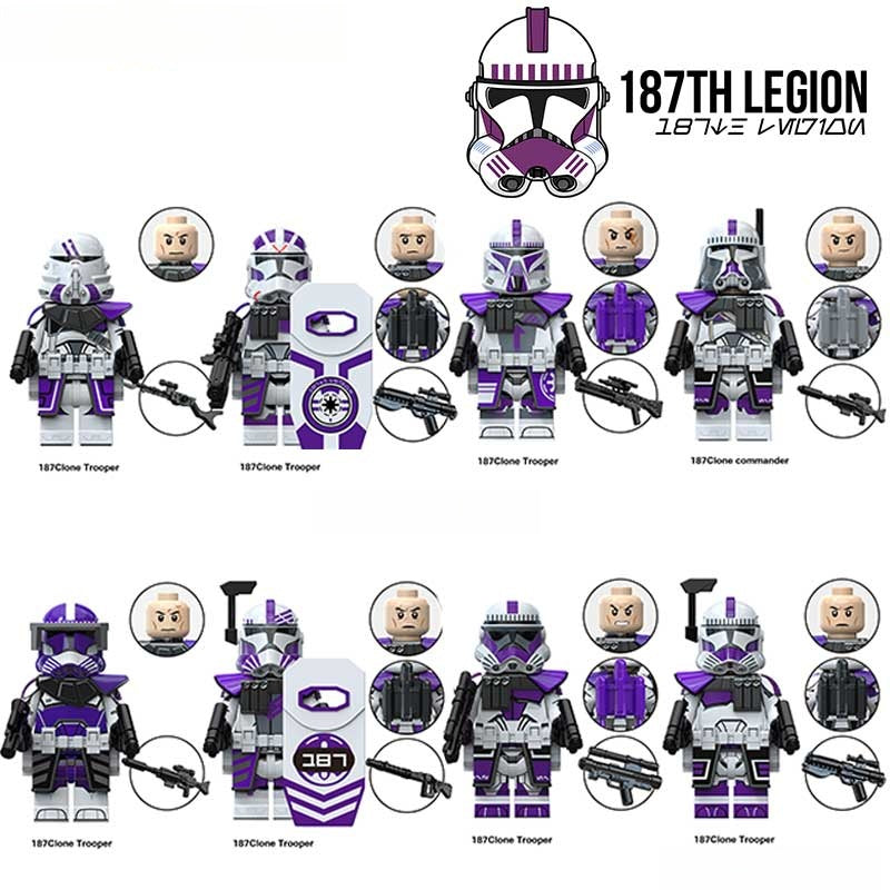 Minifigure Toys 187th Legion Clone Troopers set of 8 featuring custom purple armor and weapons.
