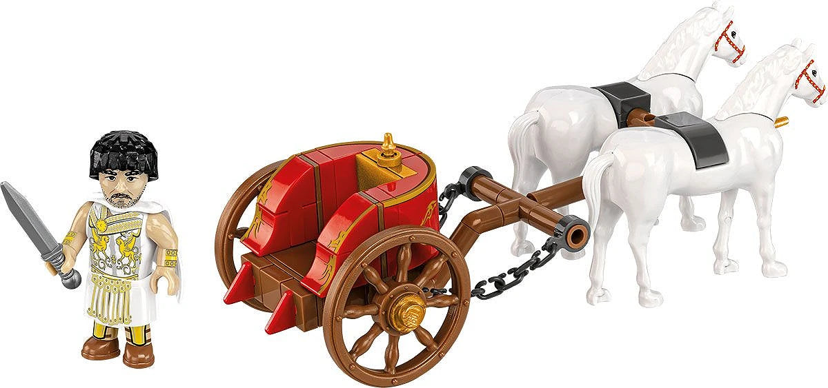 Detailed rear side view of the two white horse figures and harness assembly for the COBI 20069 set.