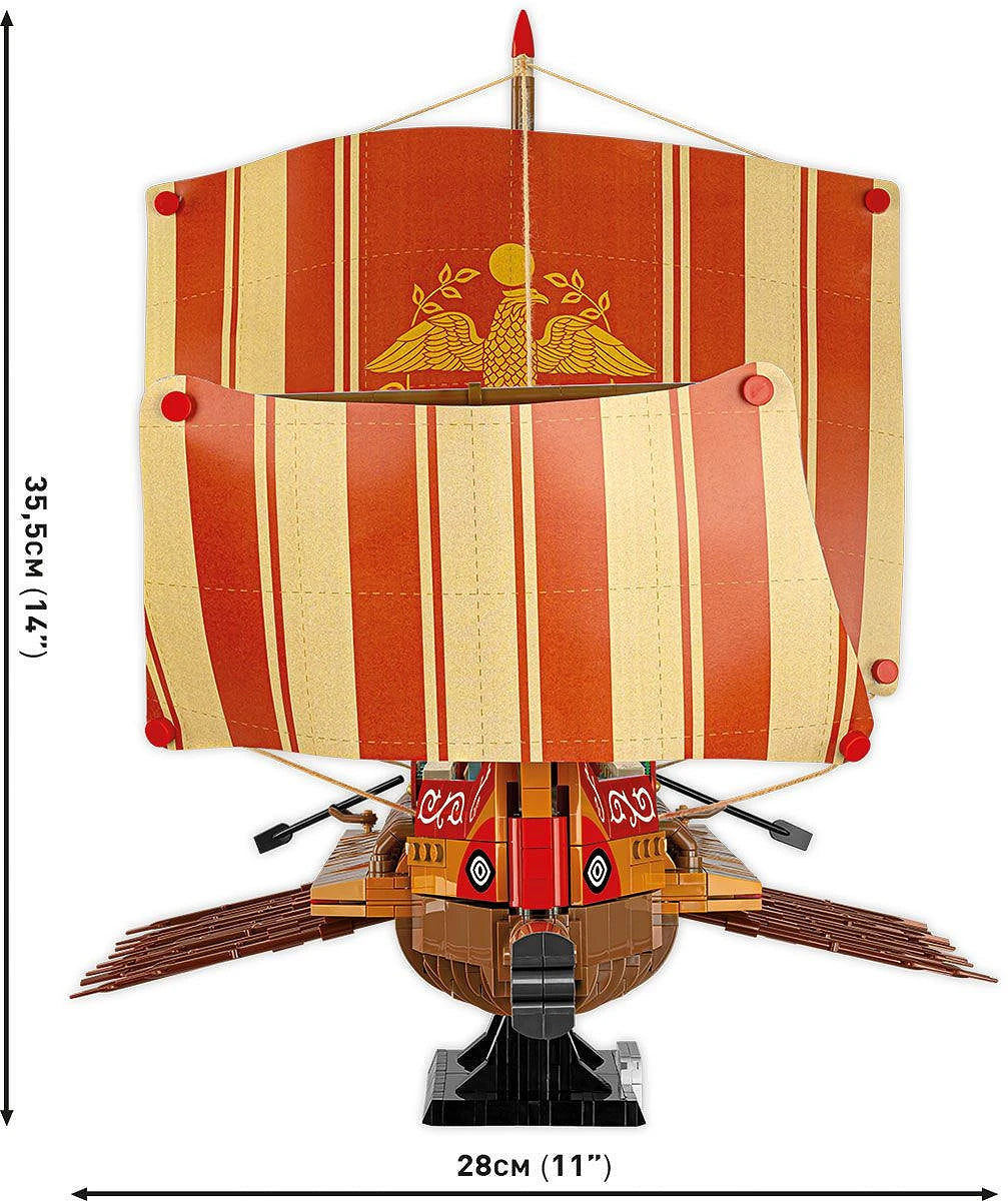 Front view of the COBI Roman Warship model showing 28cm (11 inch) width and 35.5cm (14 inch) height.