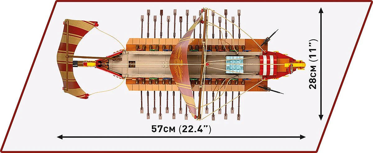 Top View of the COBI Roman Warship model showing 28cm (11 inch) width and 557cm (22.4 inch) length