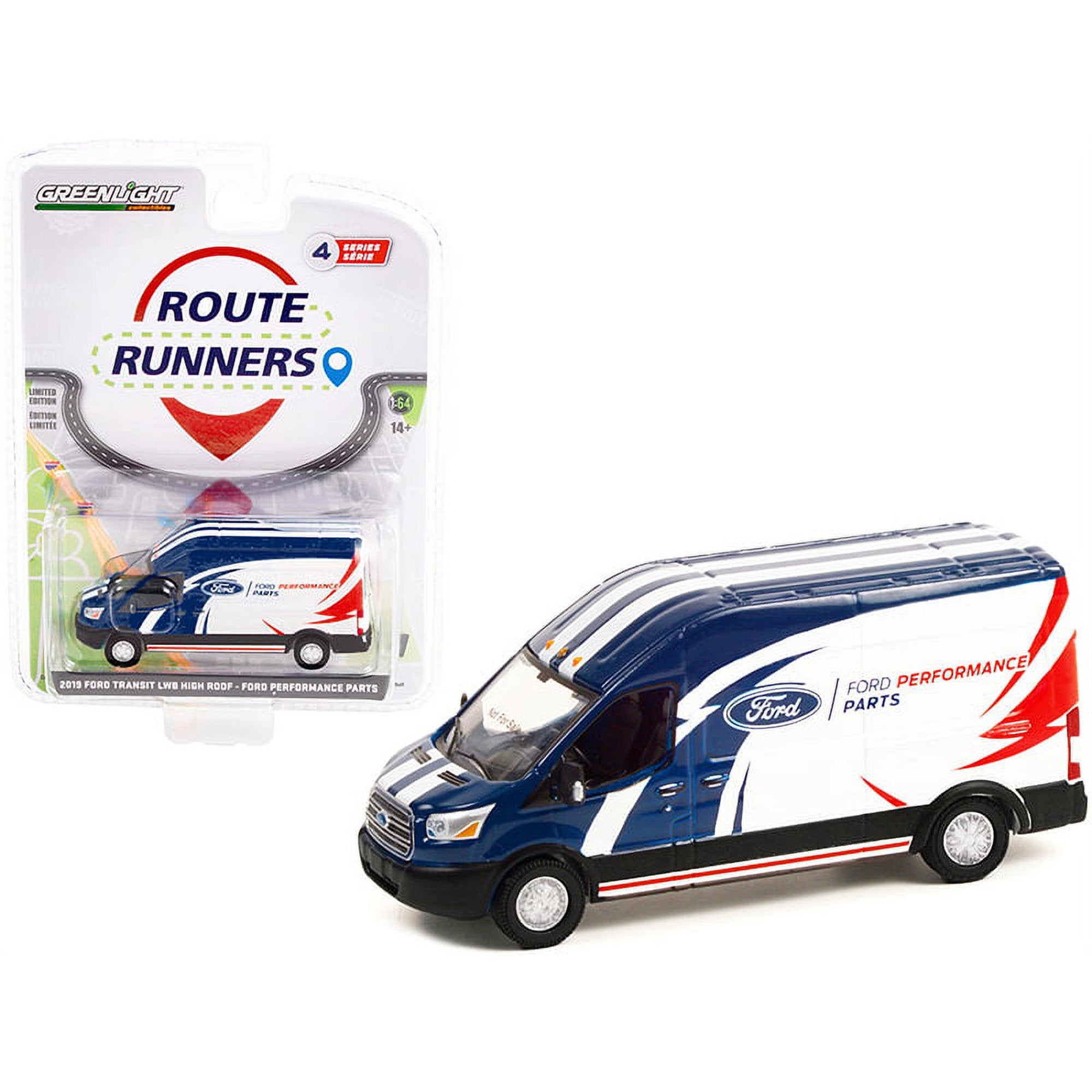 2019 Ford Transit LWB High Roof “Ford Performance Parts” Livery 1:64 Scale Diecast Model