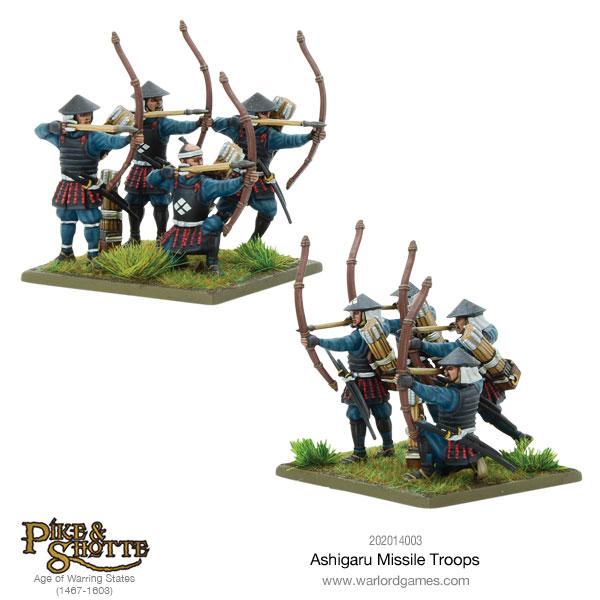 Close up View of Painted 28mm Ashigaru Infantry Models Posed with Yumi Bows