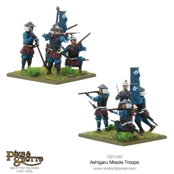 Close up View of Painted 28mm Ashigaru Infantry Models Posed firing Teppo Arquebuses