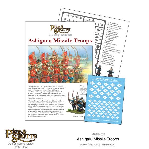 Warlord Games Ashigaru Missile Troops Assembly Leaflet and Takeda Clan Decal Sheet Contents
