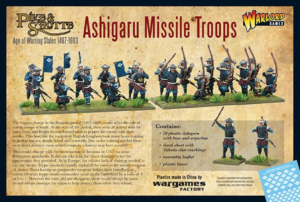 Back of Packaging for Warlord Games Ashigaru Missile Troops Plastic and Metal Set with Product Features