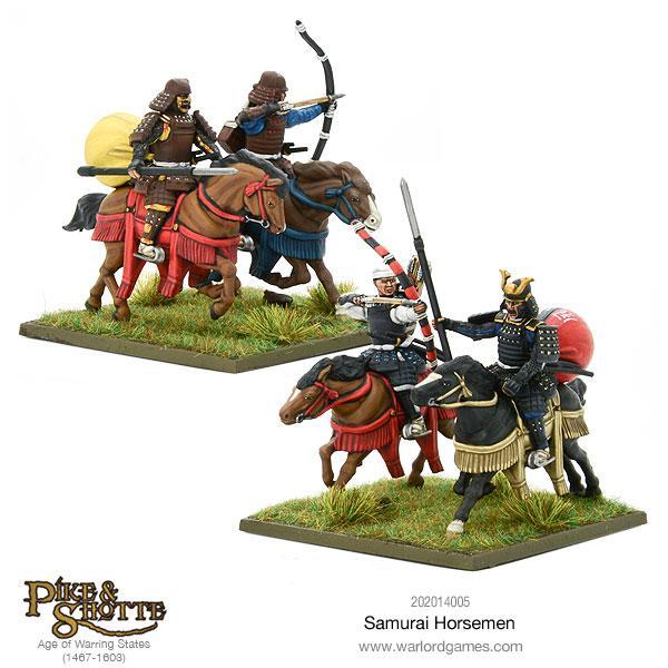 Side View of Painted 28mm Mounted Samurai Miniature Units with Bows and Spears