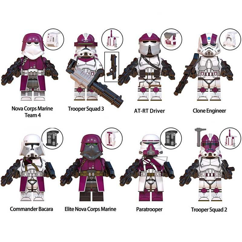 Minifigure Toys 21st Nova Corps Galactic Marines set of 8 custom LEGO compatible minifigures featuring Commander Bacara and specialists. 
