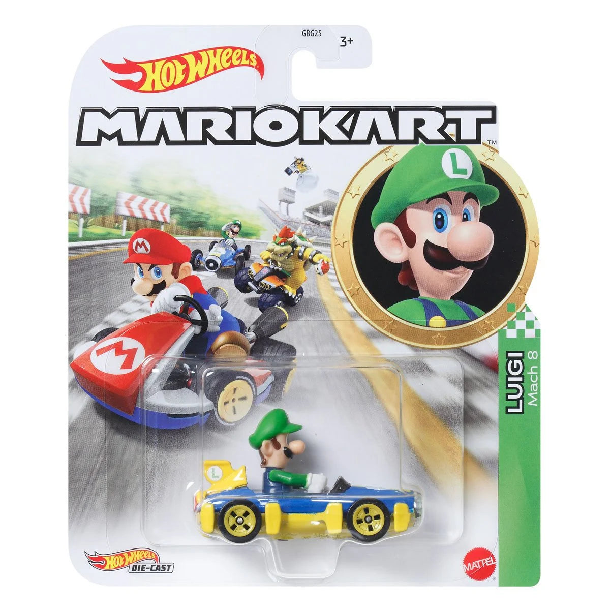 Hot Wheels Mario Kart – Luigi Mach 8 1/64 Scale Diecast Car Packaging