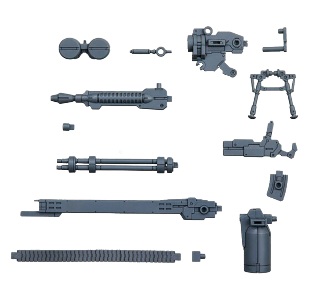 Complete runner parts breakdown for the 30MM Gatling Unit including core rifle, railgun barrel, ammo belt, and bipod