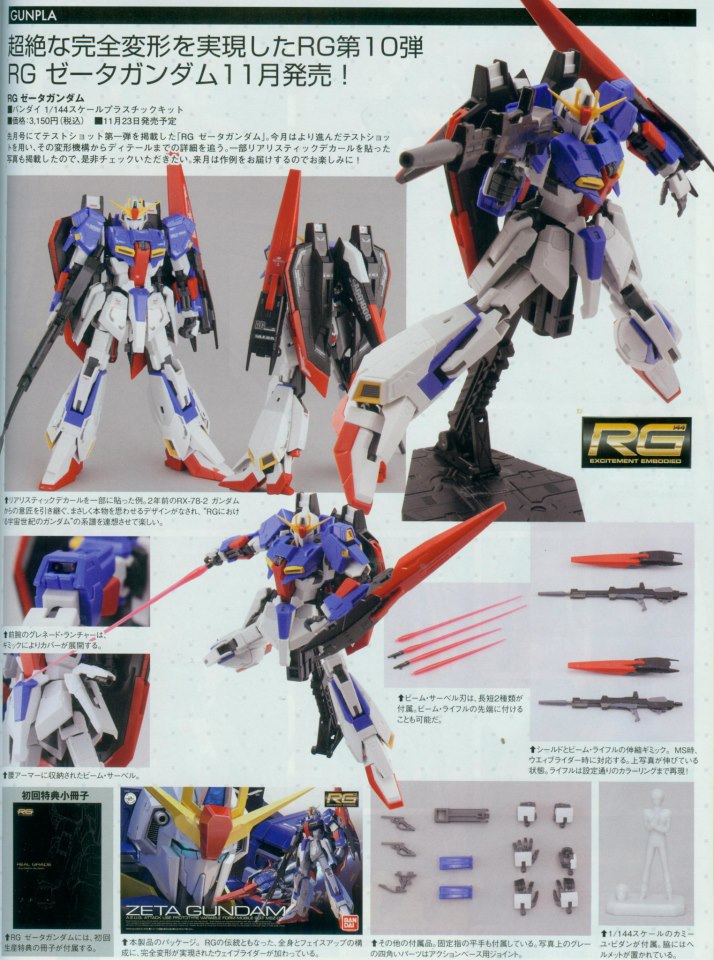 Gundam Real Grade Series #10 MSZ-006 Zeta Gundam 1/144 Scale Model Kit Contents  Information Sheet