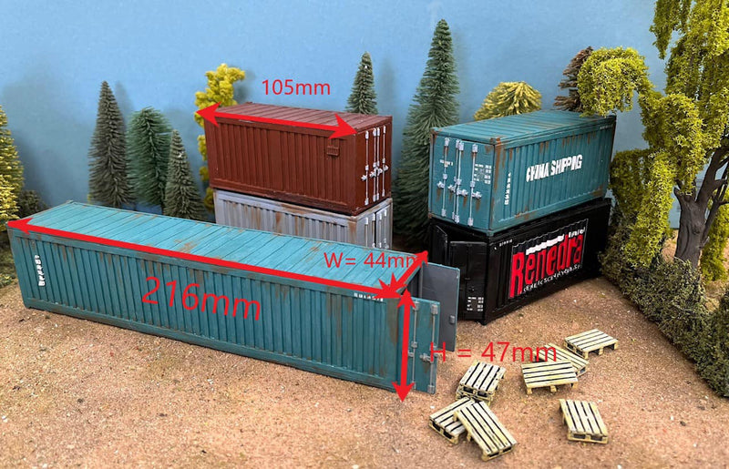 Shipping Container (40 ft) & 8 Pallets, 28mm Scale Scenery Dimensions