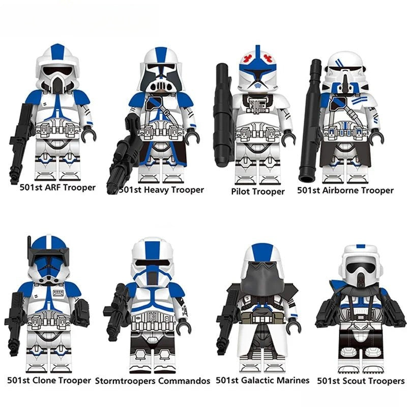 Minifigure Toys 501st Legion Clone Troopers set of 8 featuring ARF, Heavy, Pilot, and Airborne figures.