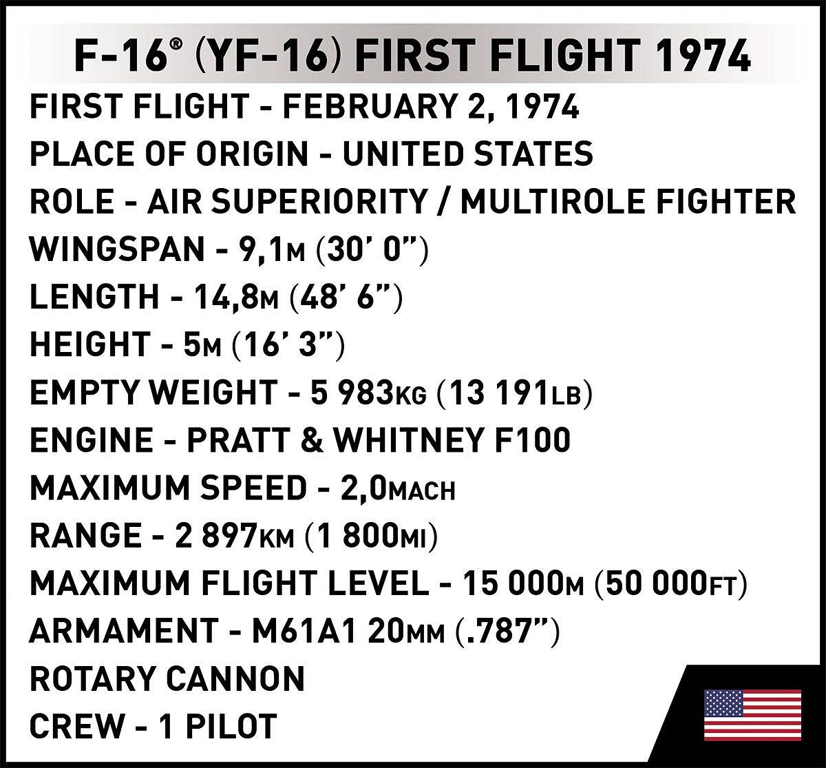 Lockheed Martin F-16 (YF-16) First Flight 1974, 375 Piece Block Kit Technical Information