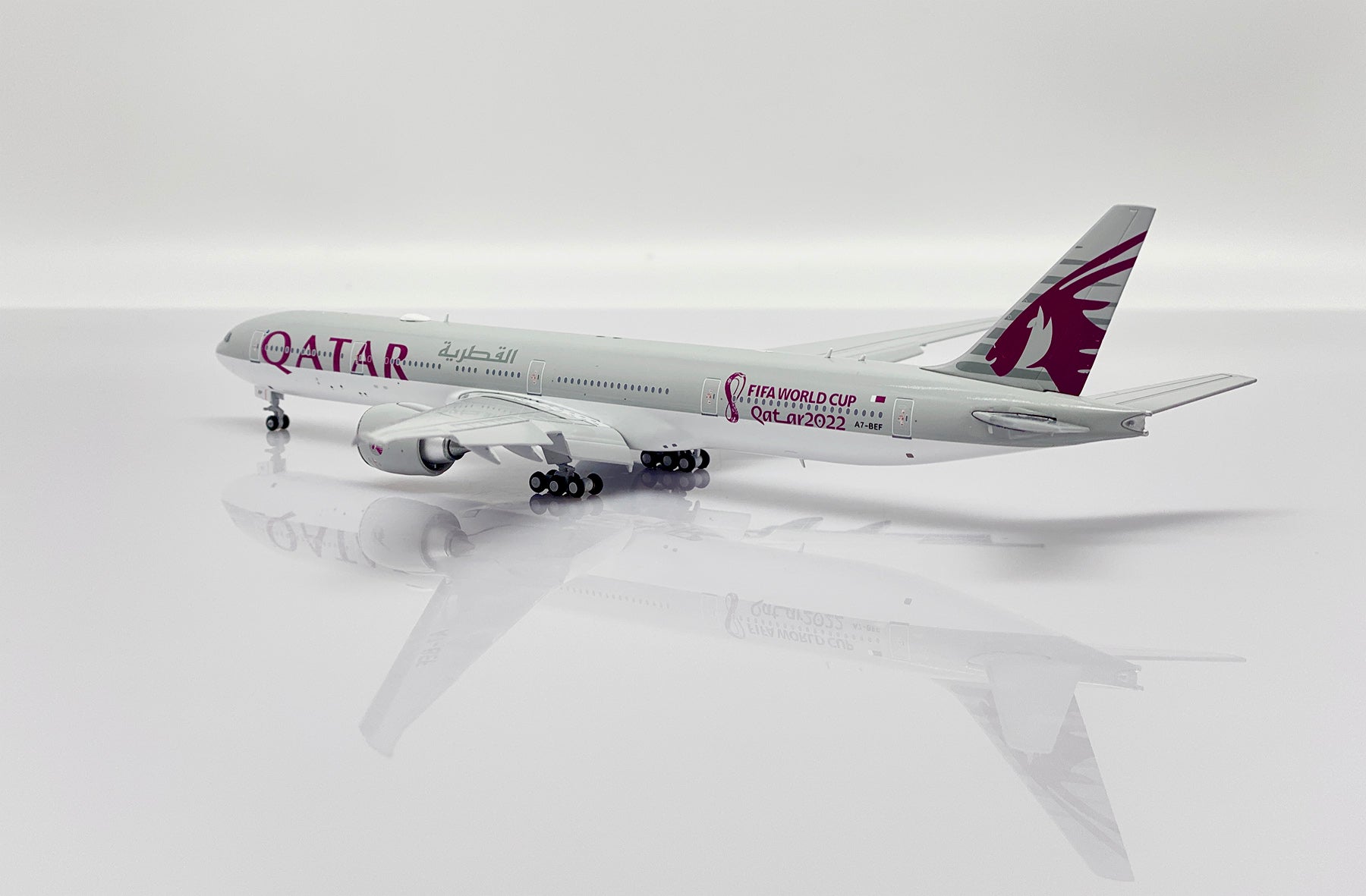 Boeing 777-300ER Qatar Airways “World Cup 2022” (A7-BEF) Flaps Down, 1:400 Scale Diecast Model Left Rear View Flaps Down