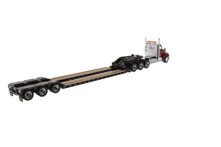 Kenworth T880 SBFA Day Cab Tridem Axle (Red) W/ XL 120 Low-Profile HDG Trailer (Black),  1:50 Scale Diecast Model Left Rear View