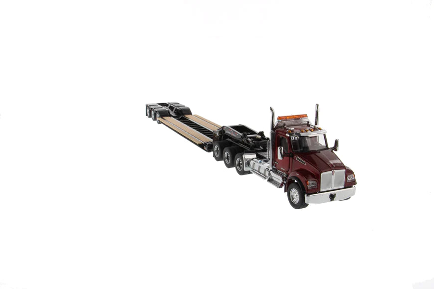 Kenworth T880 SBFA Day Cab Tridem Axle (Red) W/ XL 120 Low-Profile HDG Trailer (Black),  1:50 Scale Diecast Model Right Front View