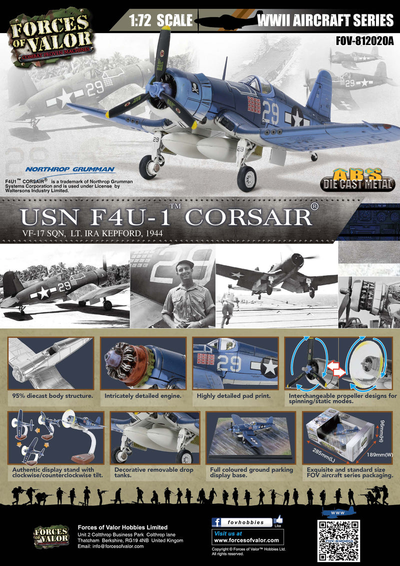 Vought F4U-1 Corsair VF-17 “Jolly Rogers” USN 1944, 1:72 Scale Model Infographic