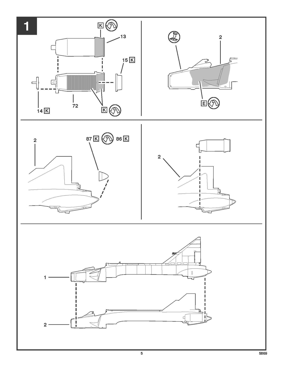 Assembly diagram page 5 illustrating exhaust duct, cockpit interior, and fuselage joining sequence.