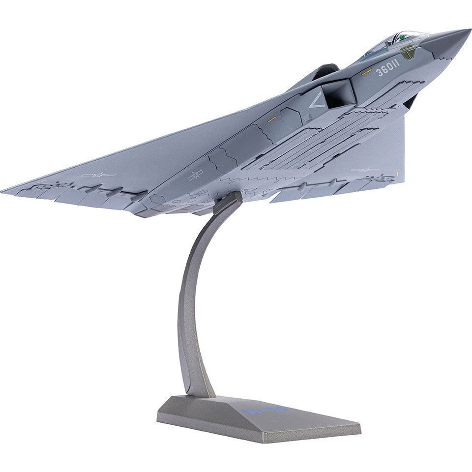 In flight display view of Air Force 1 1/100 scale CAC J-36 diecast stealth fighter mounted 