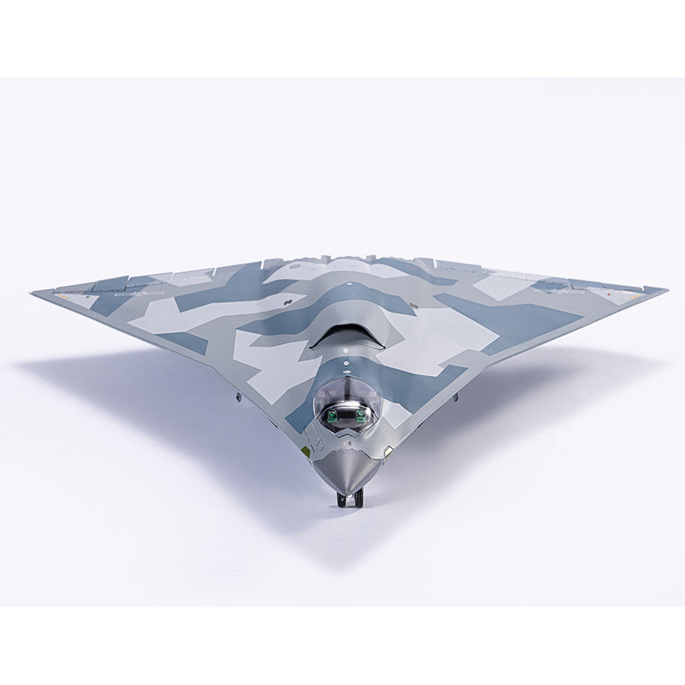 Front perspective of Air Force 1 1/100 scale CAC J-36 diecast stealth fighter resting on landing gear