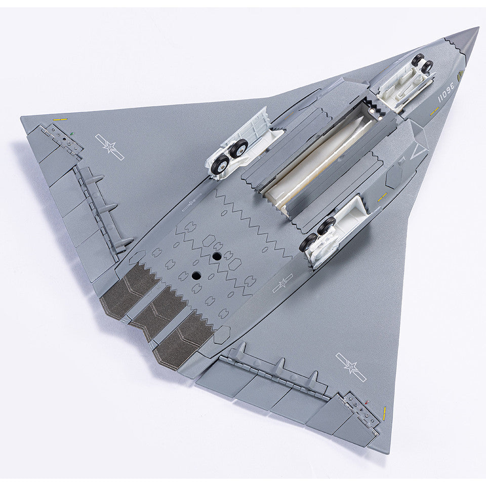 Underside view of Air Force 1 1/100 scale CAC J-36 diecast model showing landing gear and weapons bay