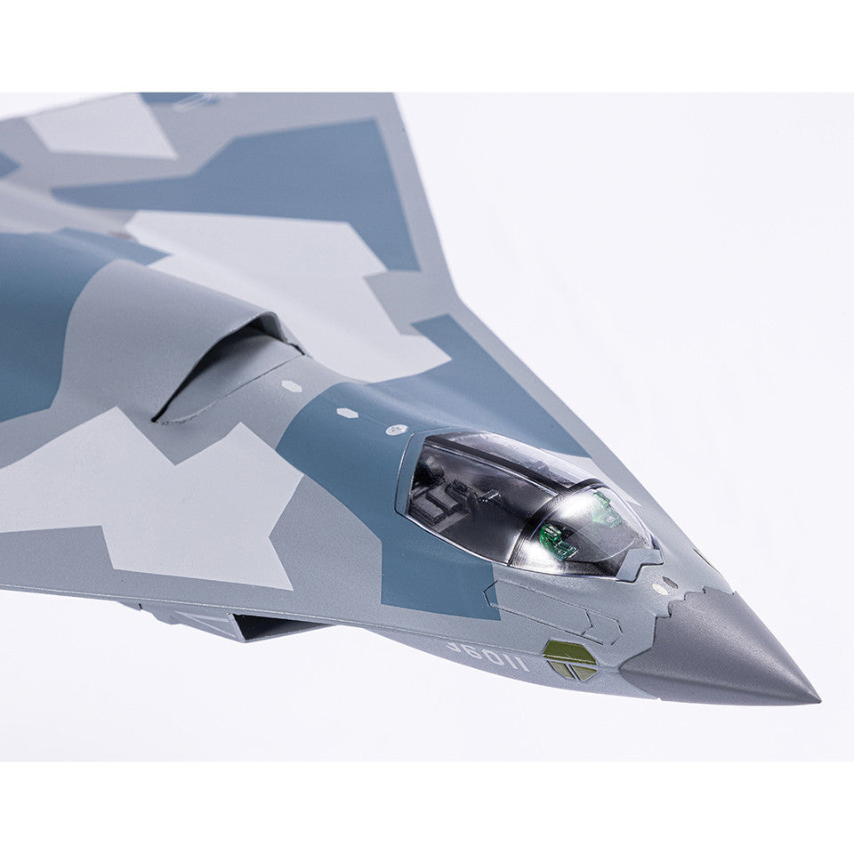 Close up profile of Air Force 1 1/100 scale CAC J-36 diecast stealth fighter cockpit canopy and pilot figure