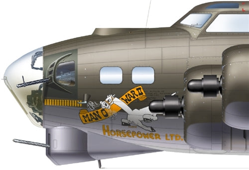 Boeing B-17G Flying Fortress “Man O’ War II” 322nd Bombardment Squadron 1944, 1:72 Scale Diecast Model Illustration Nose Art Detail