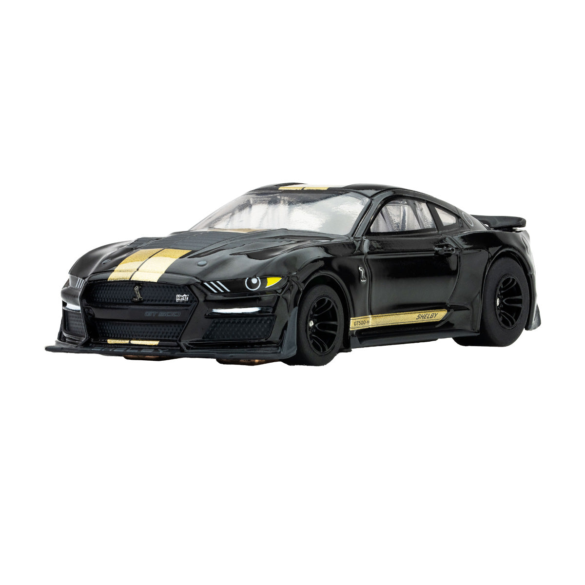 AFX Racing 2022 Shelby Mustang GT500H 1:64 scale HO slot car in black with gold Le Mans stripes and rear wing.
