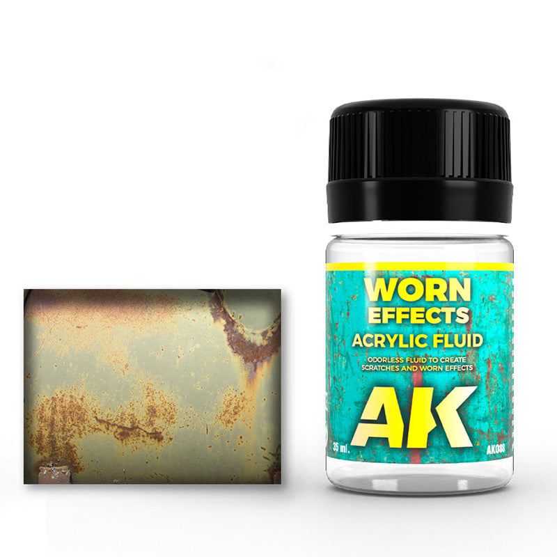 AK Interactive Worn Effects Acrylic Fluid AK088 in a 35ml jar next to a chipped paint swatch sample.