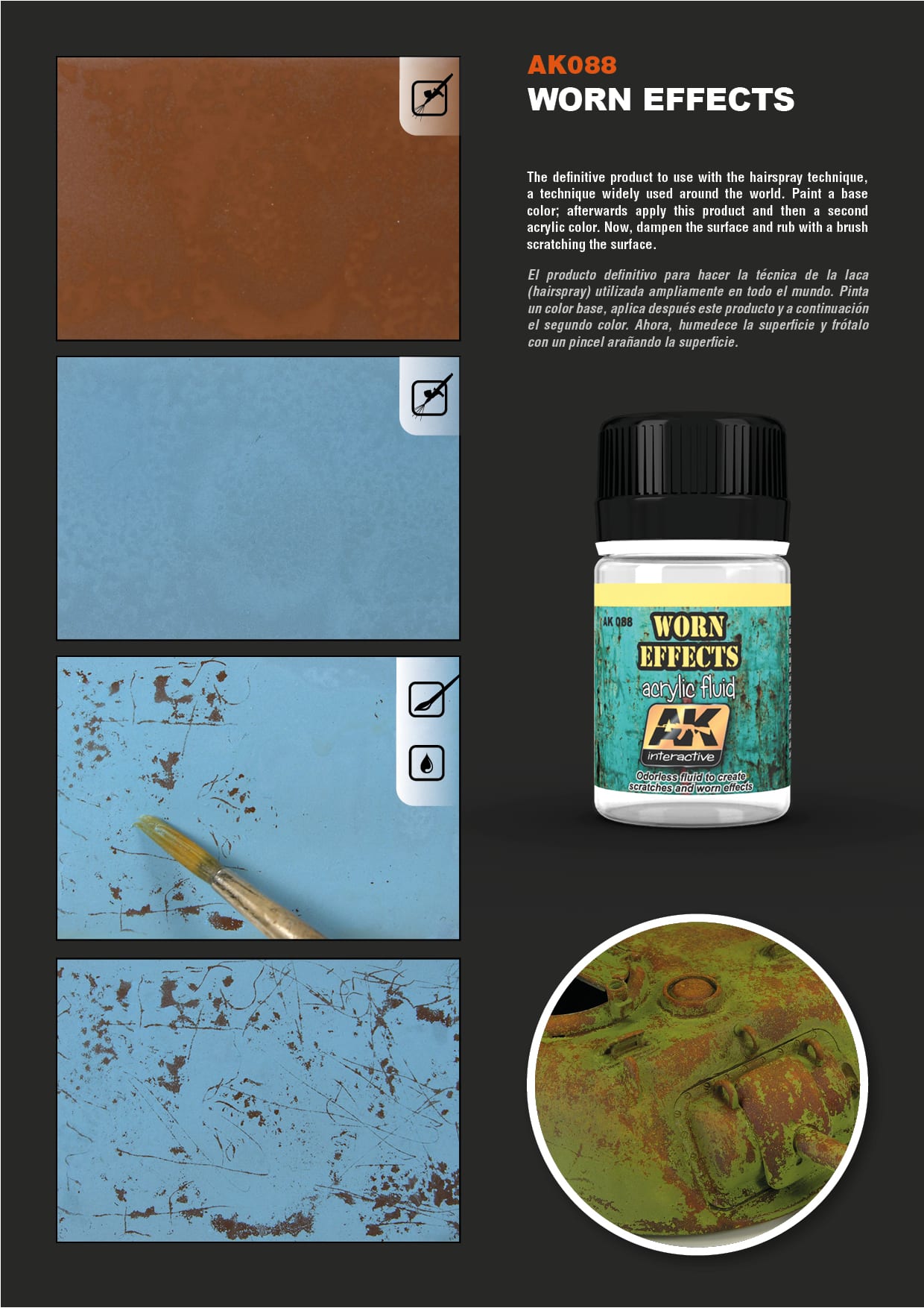 Visual example infographic for AK088 Worn Effects fluid detailing the hairspray technique on model tank hulls.