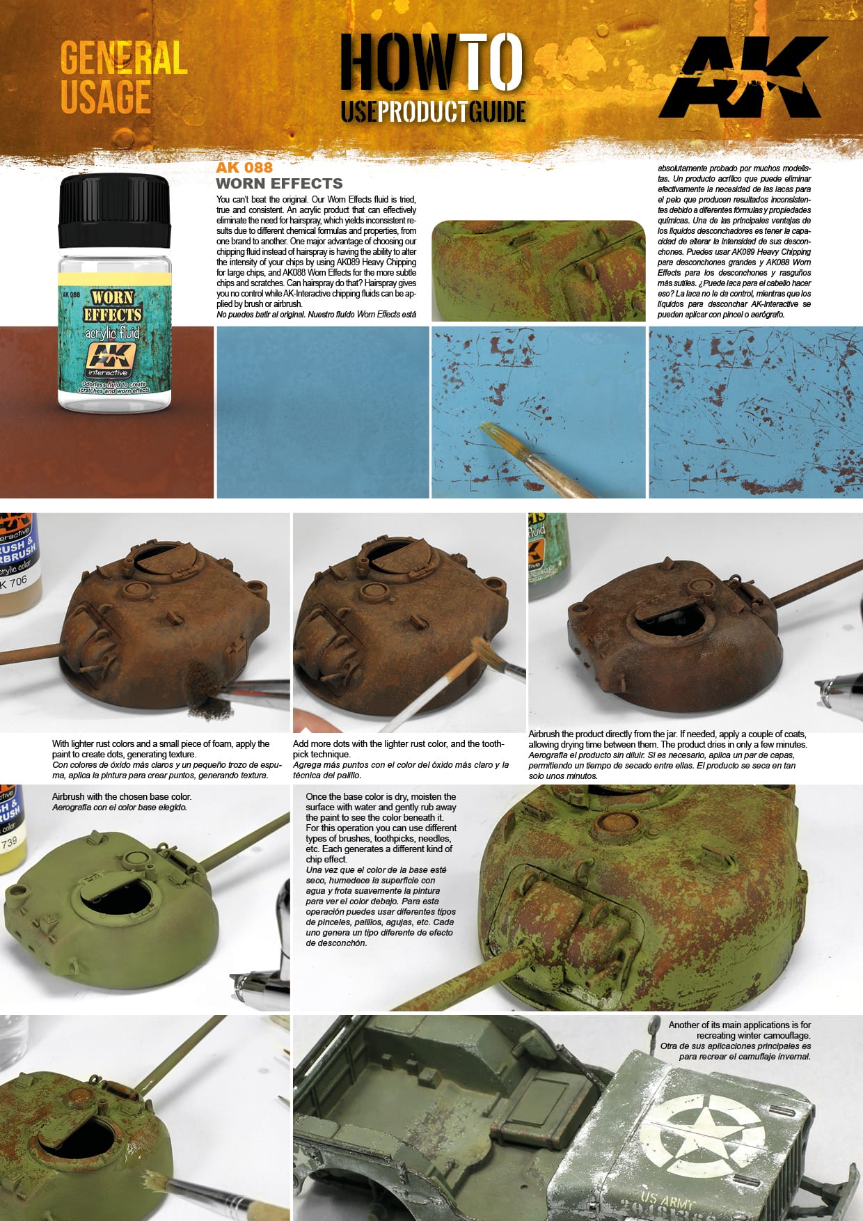 Step-by-step instruction guide for AK088 Worn Effects showing acrylic rust base coating and water-activated chipping steps.