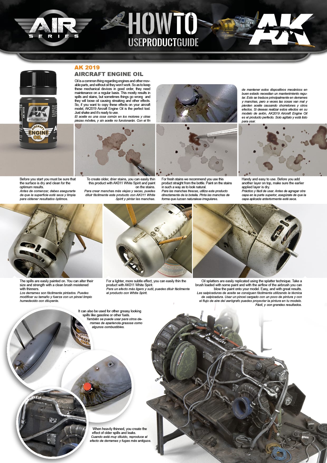 Step-by-step instruction guide for AK2019 Aircraft Engine Oil showing fresh splatter techniques and fuel tank leaks on model aircraft.