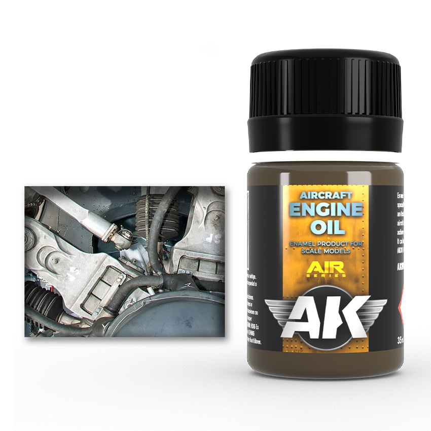 AK Interactive Aircraft Engine Oil AK2019 35ml jar next to a mechanical landing gear assembly weathering reference photo