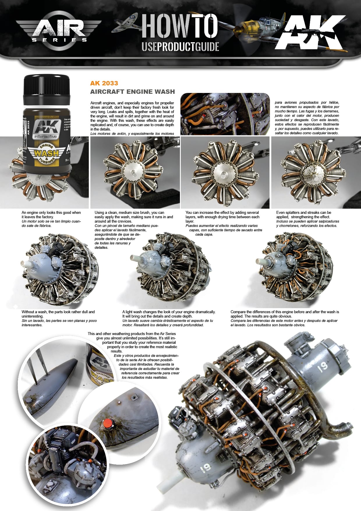 Step-by-step tutorial sheet using AK2033 Aircraft Engine Wash to add depth and volumetric shading to radial engines.