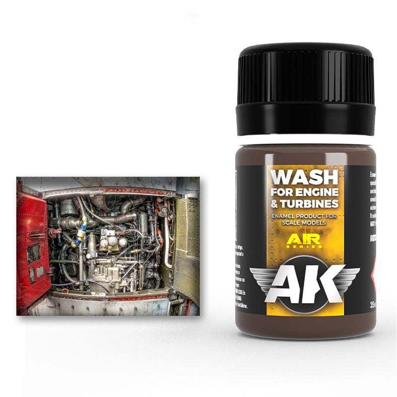 AK Interactive Aircraft Engine Wash AK2033 35ml jar next to a detailed aircraft turbine compartment reference photo.