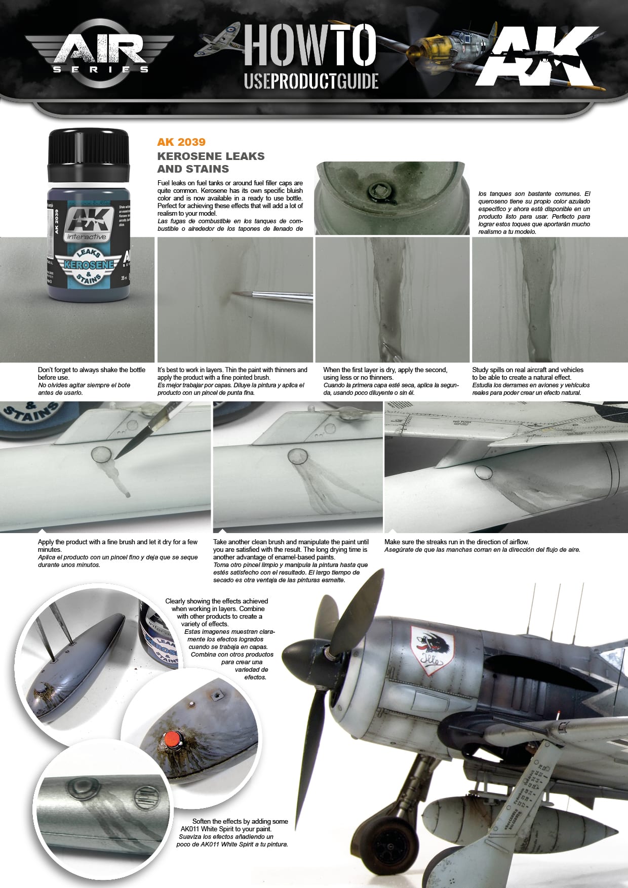Step-by-step tutorial sheet using AK2039 Kerosene Leaks and Stains 