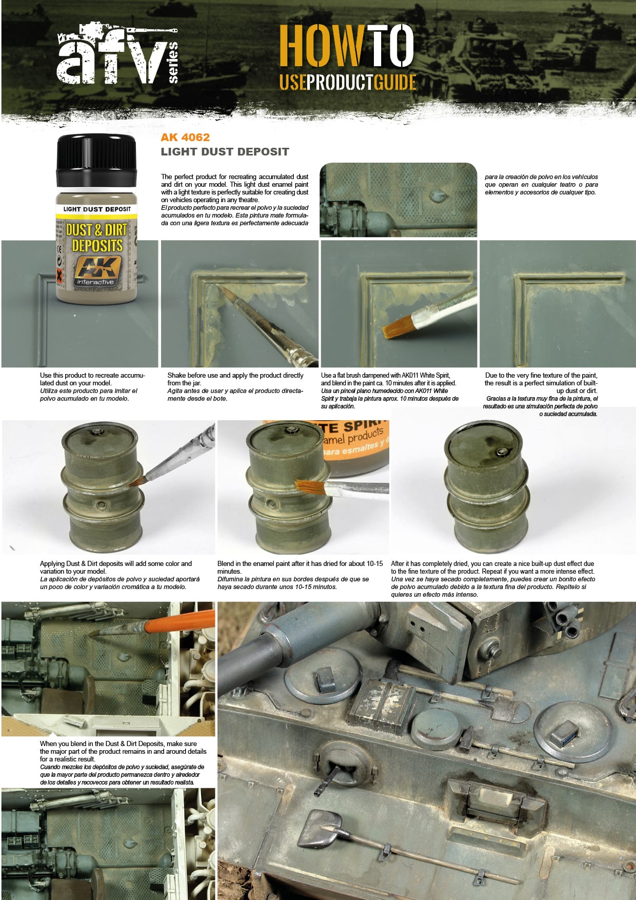 Application instruction sheet for AK4062 detailing paint pooling in recessed lines, flat brush stumping, and fuel drum accumulation.