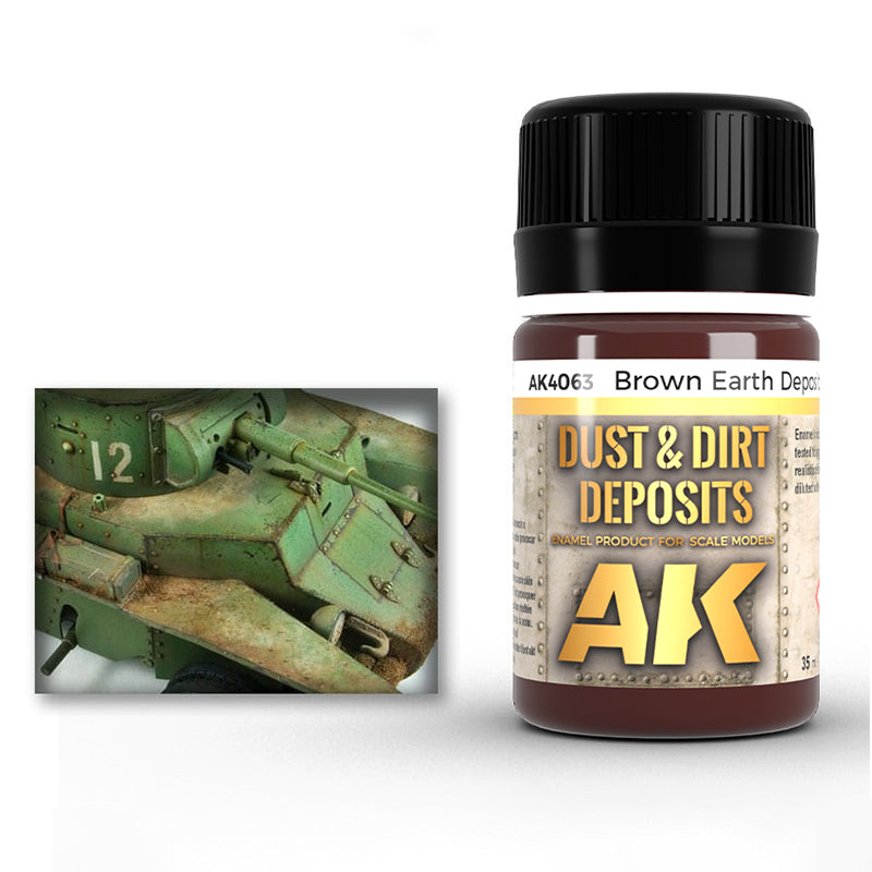 AK Interactive Brown Earth Deposit AK4063 35ml jar next to a weathered green military model turret.