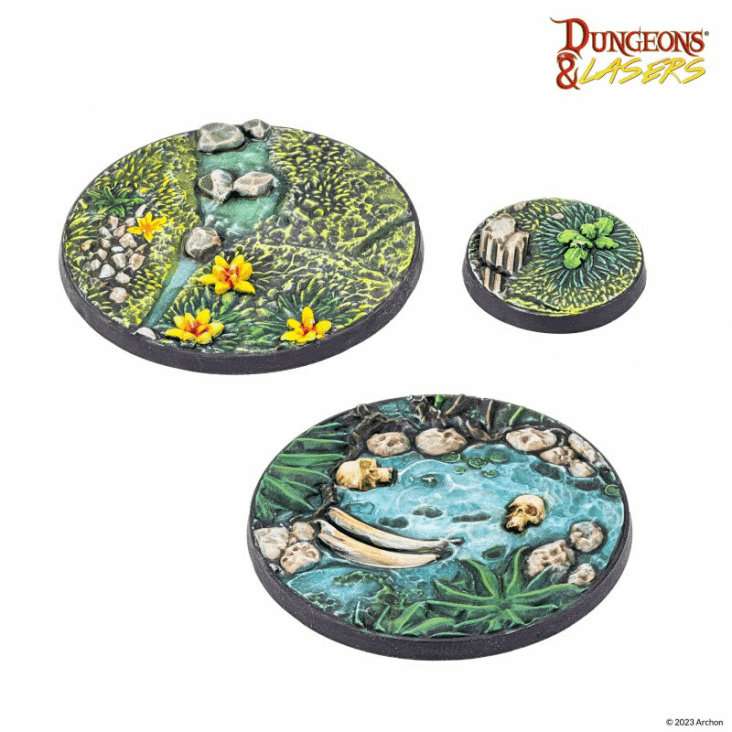 Painted miniature bases with flowers stone and water 