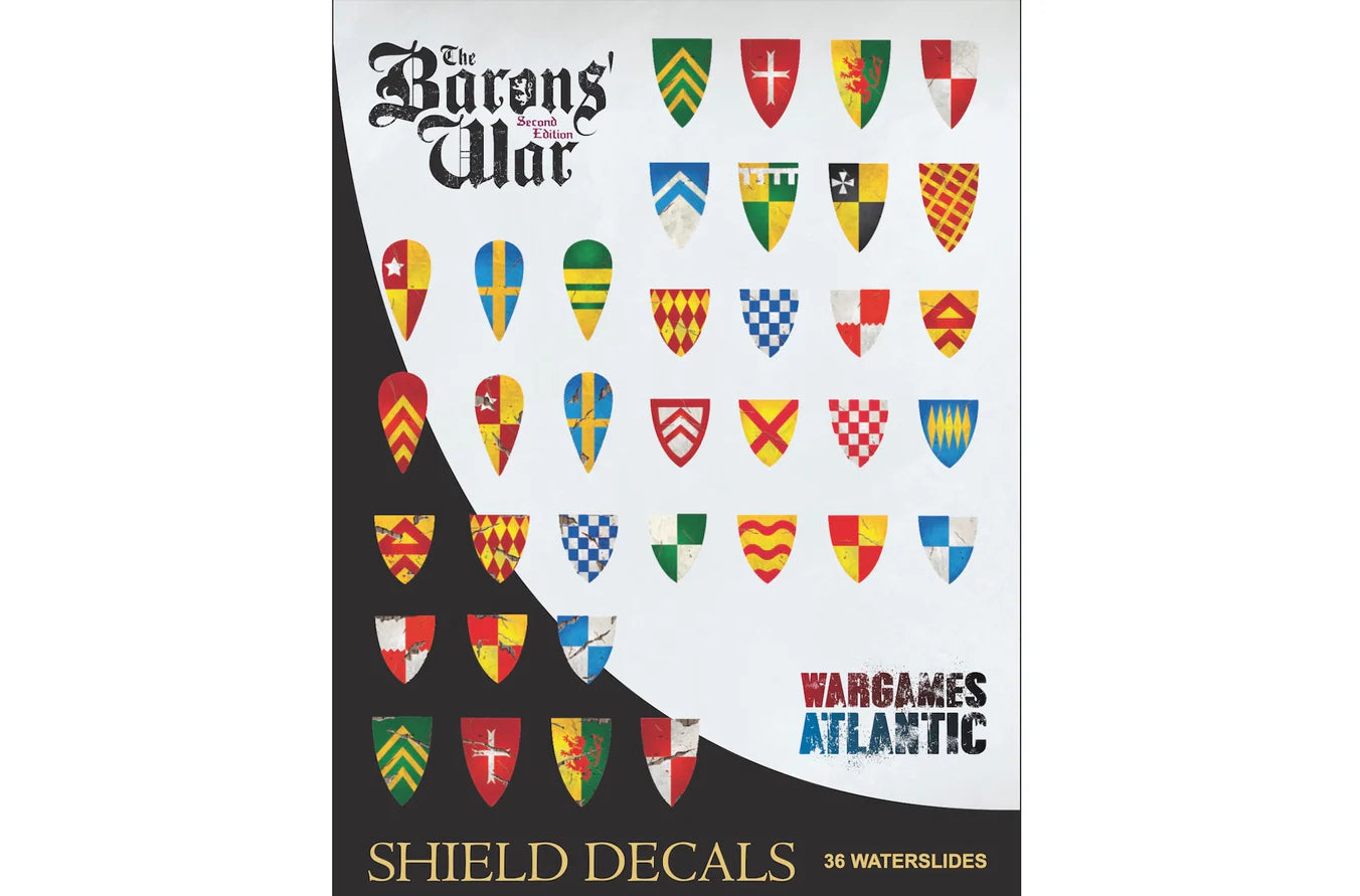 Wargames Atlantic Barons' War Shield Decals 01 box art featuring medieval heraldry.