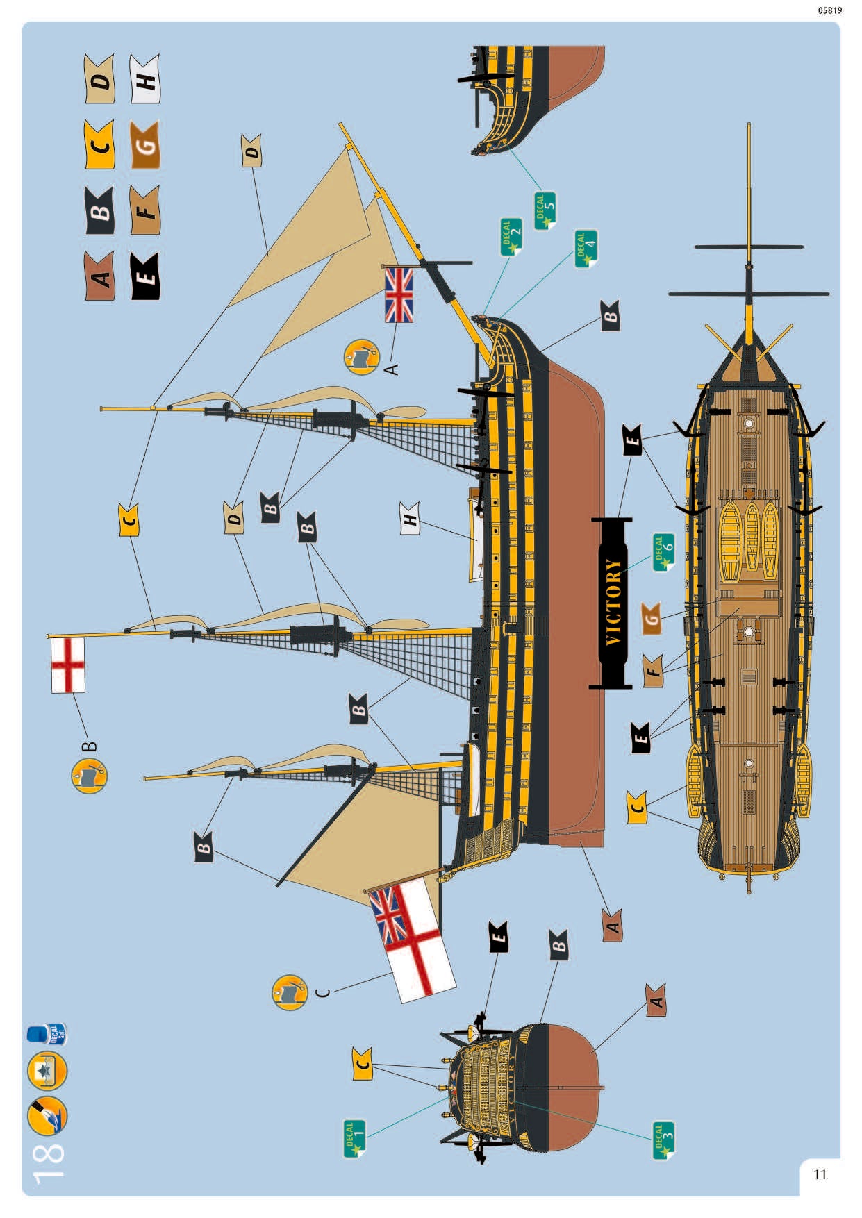 Instruction manual diagram detailing paint colors fokr Revell 05819.