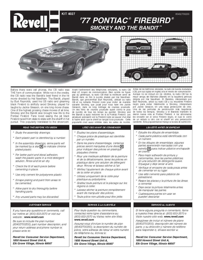 1977 Pontiac Firebird Smokey & The Bandit 1/25 Scale Model Kit Instructions Page 1