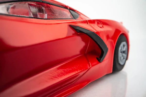 Chevrolet Corvette C8 (Torch Red) HO Slot Car with Mega G+ Chassis Left Rear Close Up View