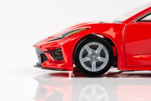 Chevrolet Corvette C8 (Torch Red) HO Slot Car with Mega G+ Chassis Left Front Close Up