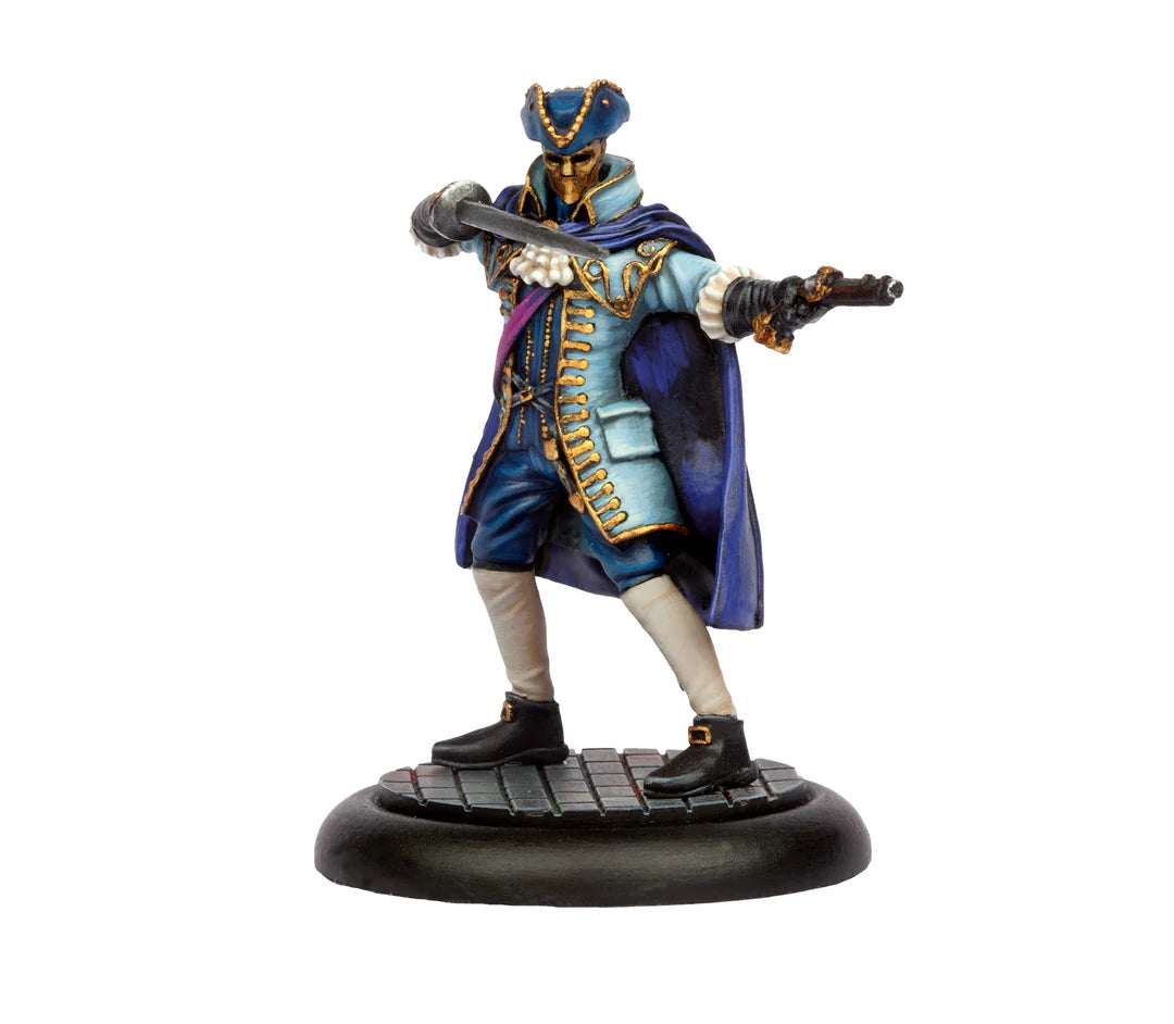 Studio painted model of the Venetian Noble miniature wearing a golden masquerade mask, blue coat, and holding a pistol and sword