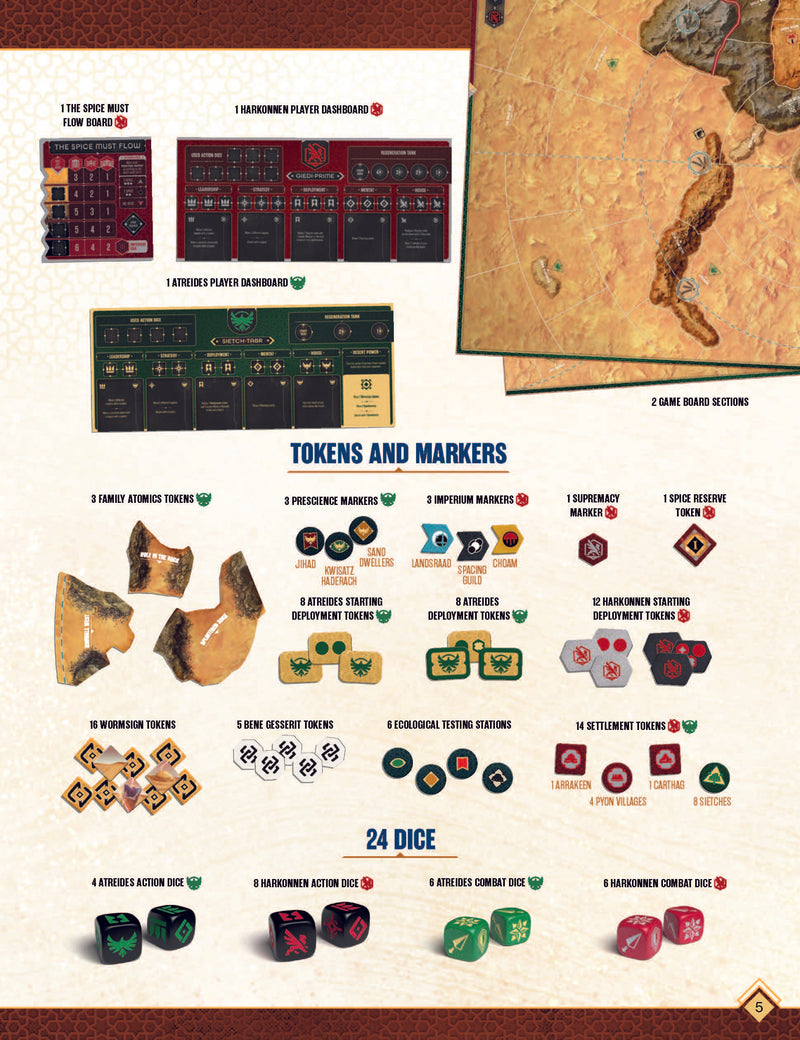 Dune: War for Arrakis Strategy Board Game Rulebook Page 5 Tokens & Markers