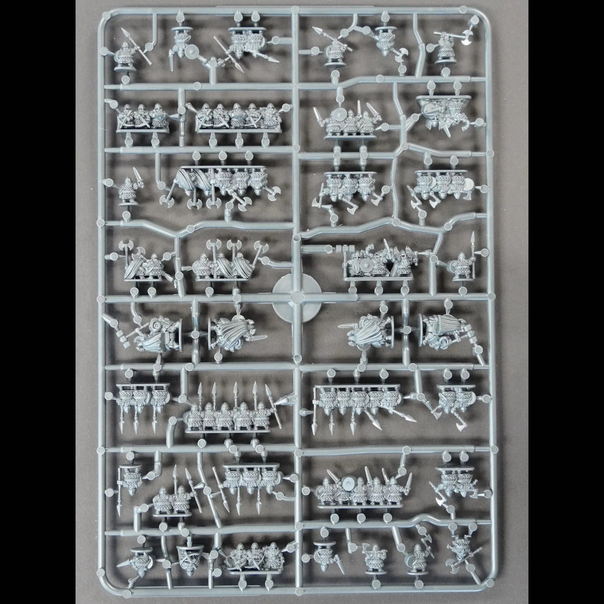 Back of Wargames Atlantic Dwarven Host plastic sprue showing 82 figures.