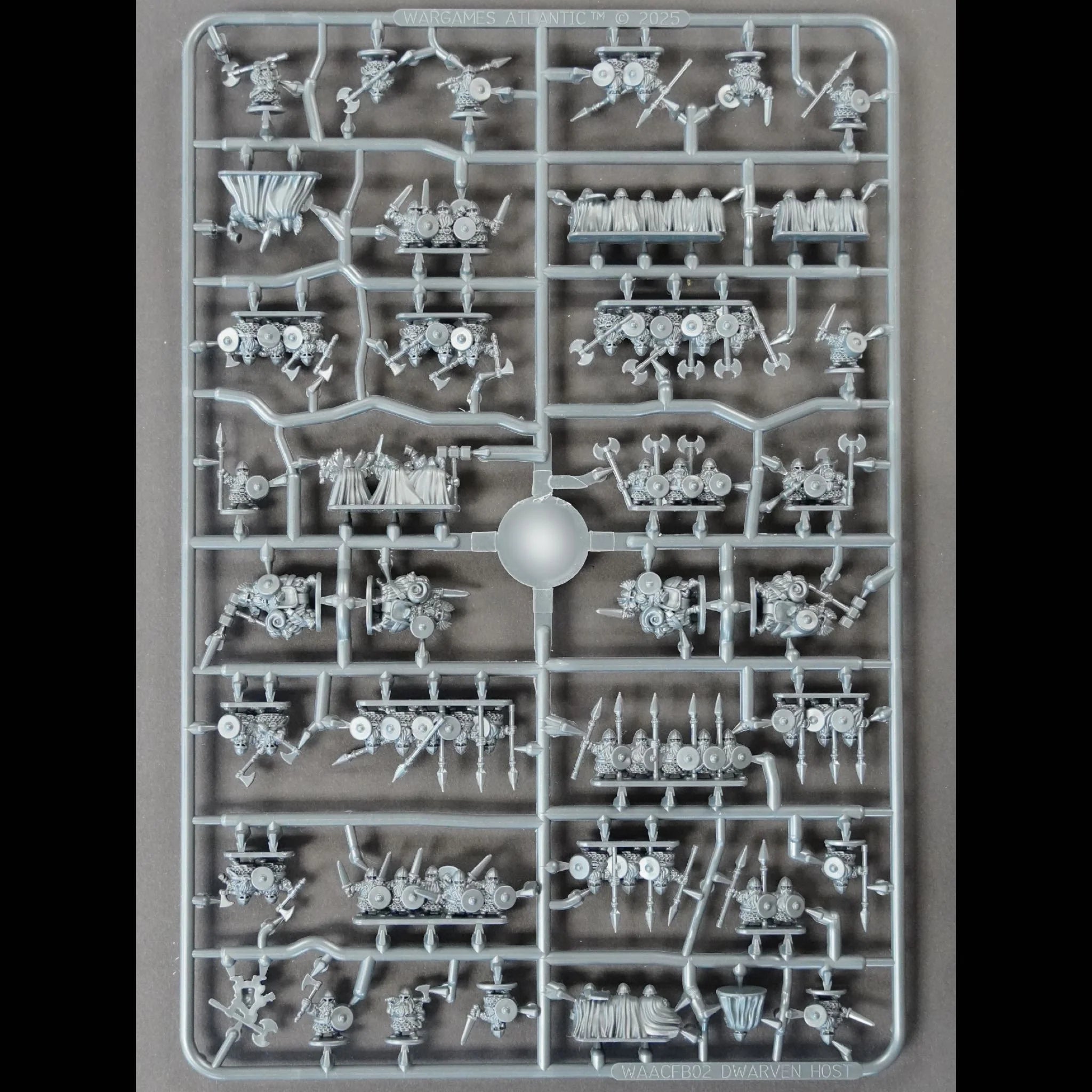 Front of Wargames Atlantic Dwarven Host plastic sprue showing 82 figures.