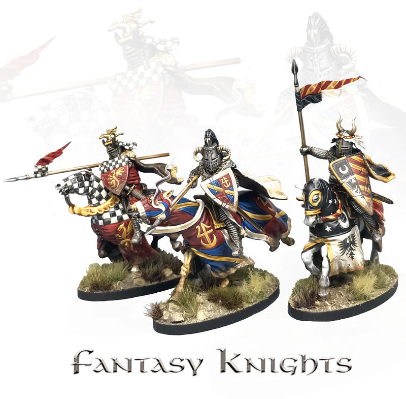 Medieval & Fantasy Heads, Cloaks & Shields, 28 mm Scale Plastic Painted Example Fantasy Knights